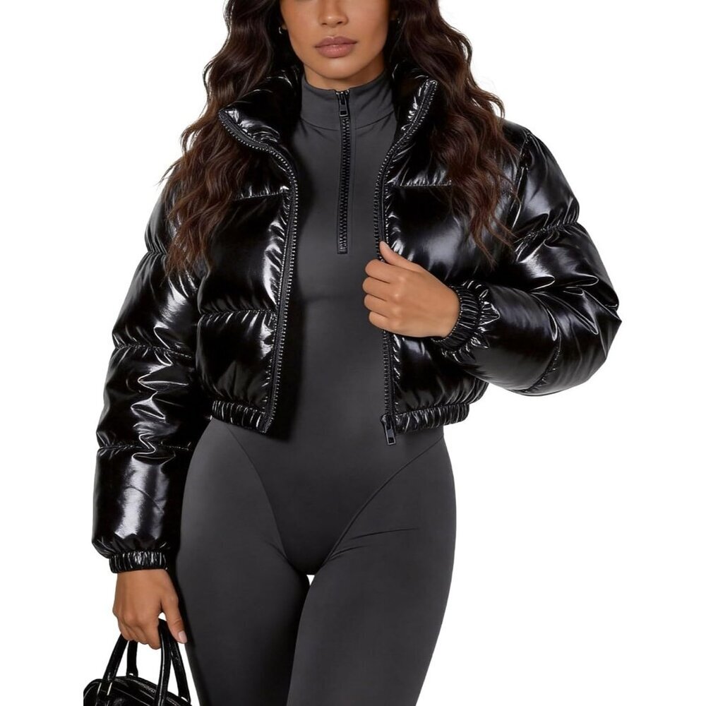 Women's Black Polyester Metallic Shinny Cropped Zip Up Quilted Puffer Jacket